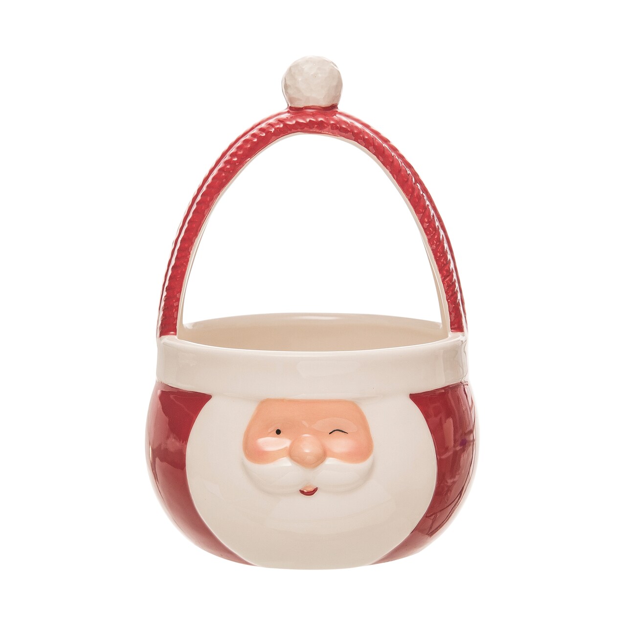 Transpac 8.5" Multicolor Christmas Cheerful Santa Bowl with Handle, Ceramic Decorative Tabletop Bowl, Food Safe, Holiday Cheer